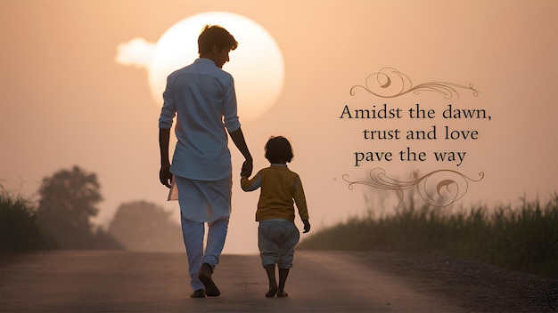 Against the backdrop of a colorful sunrise a young man walks hand in hand with a child