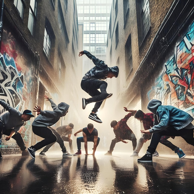 Photo against a backdrop of graffiticovered walls a breakdancing crew energetically battles in a gritty