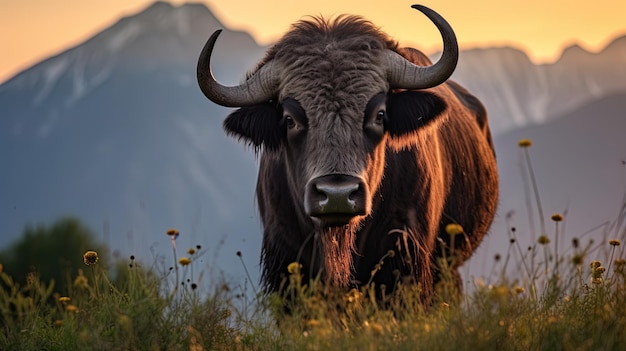 Against the Backdrop of Mountains and the Setting Sun a Buffalo Stands in Tall Green Grass