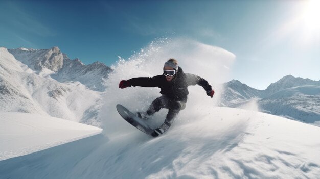 Against the backdrop of pristine snowcapped peaks a snowboarder carves an exhilarating tale on this canvas