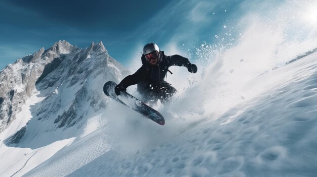 Against the backdrop of pristine snowcapped peaks a snowboarder carves an exhilarating tale on this canvas