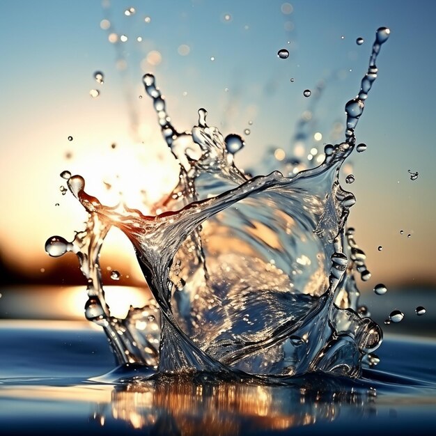 Against the backdrop of a setting sun water splashes suspended in midair create a stunning silhouette against the warm hues of twilight