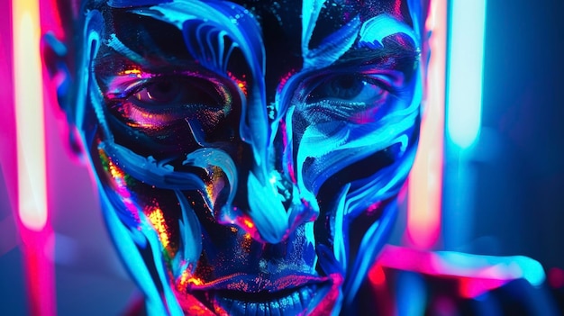 Against a backdrop of surreal neon lights the subjects body is a canvas for bold abstract body paint