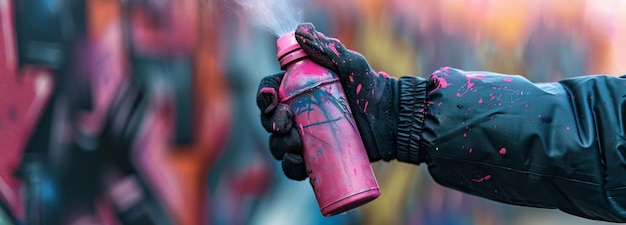 Photo against a background of colored graffiti drawings a young graffiti artist in a blue jacket and black mask holds a can of paint image depicting street art and vandalism