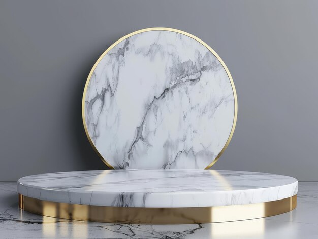 Against a gray canvas a marble pedestal with golden accents emanates luxury