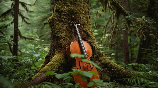 Photo against a mosscovered tree trunk in a lush forest