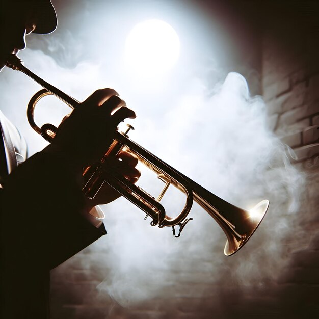 Against a stark white backdrop a gleaming trumpet glistens in a dimly lit jazz club where the smok