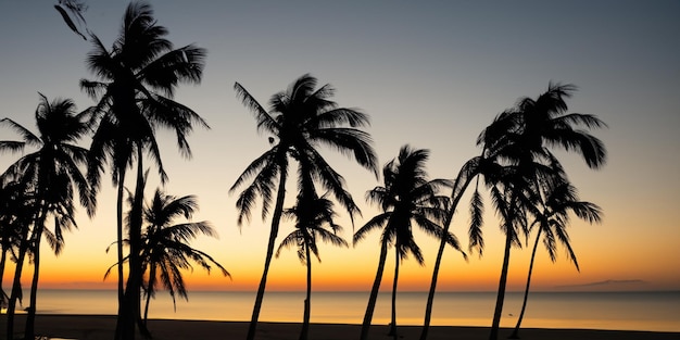 Against the vivid sunset palm trees cast elegant silhouettes on the beach