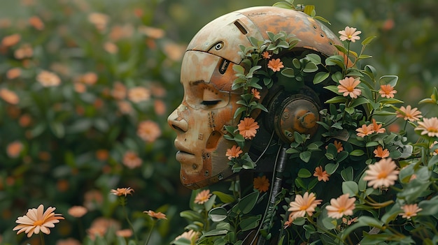 Age of Enlightenment Reborn Rusty Robot Head Overgrown with Vibrant Flowers