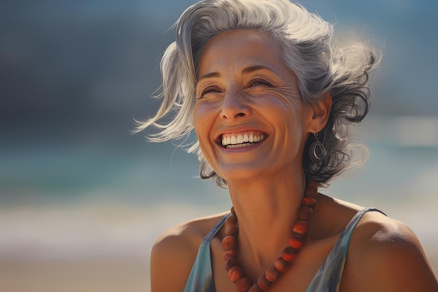 An age-old happy woman with gray hair walks on the beach