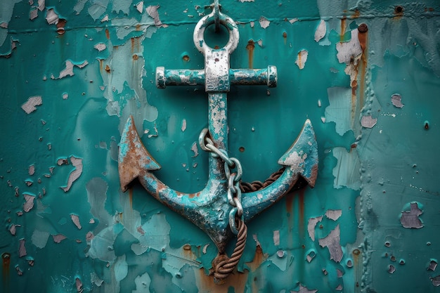 Photo an aged anchor hangs from a rusty turquoise wall reflecting maritime history and the passage of time