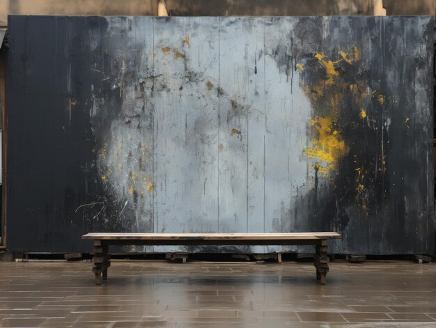 Aged bench against a textured wall with yellow splatters urban solitude concept Generative AI