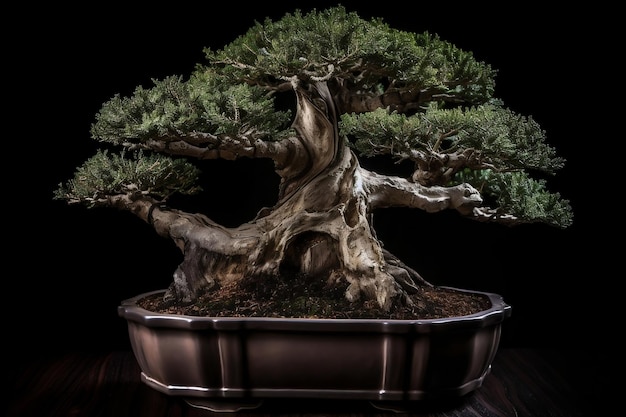 Aged bonsai tree isolated on black background generative ai