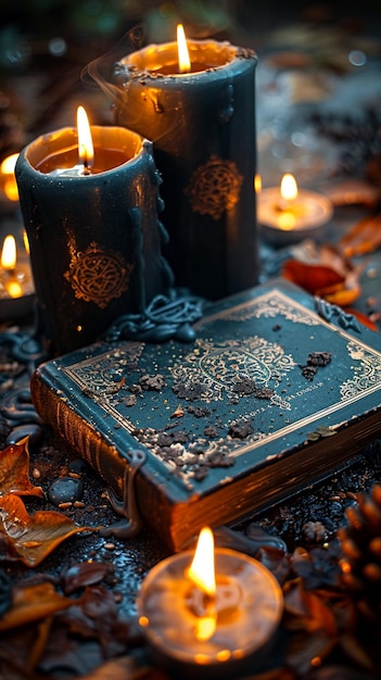 Photo aged book of spells open on an altar of candles the words blur with the wax