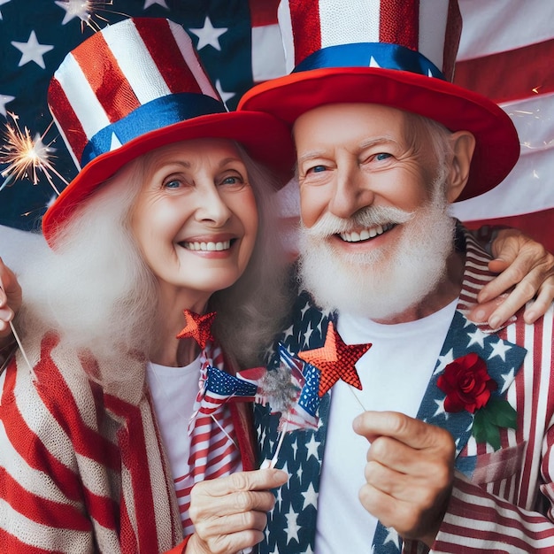 An aged couple commemorates the Fourth of July in jubilant garments