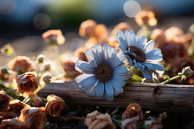 Aged cross raised between flowers symbolizing death life generative IA