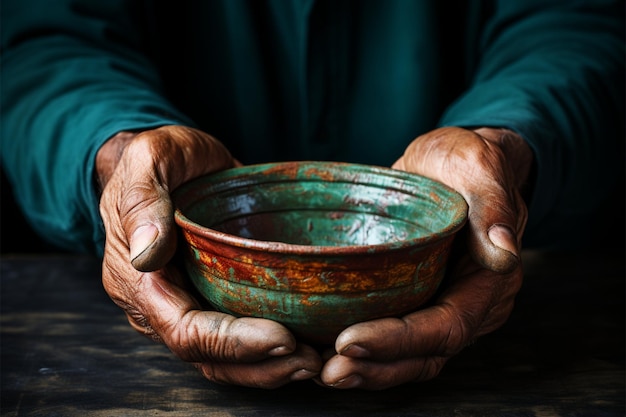 Aged hands cradle empty bowl depicting the poignant concept of hunger and poverty