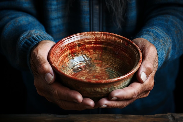 Aged hands grip empty bowl on wood illustrating the poignant reality of hunger