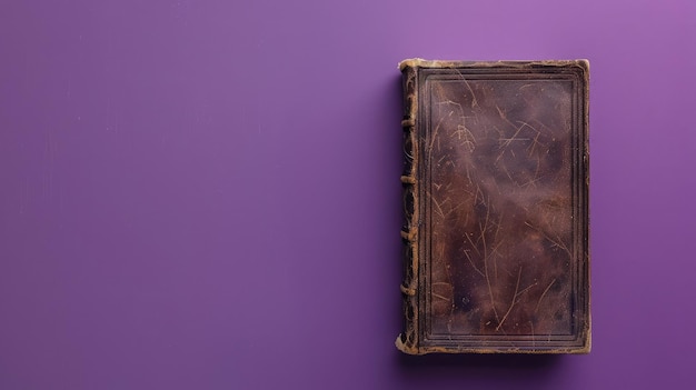 Photo aged leatherbound book closed on purple surface