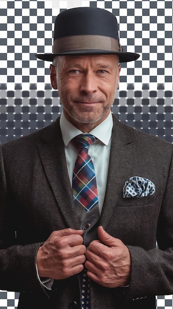 Aged man wearing suit and hat isolated on transparent background