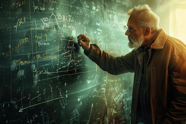 Aged math teacher writing equation on chalkboard