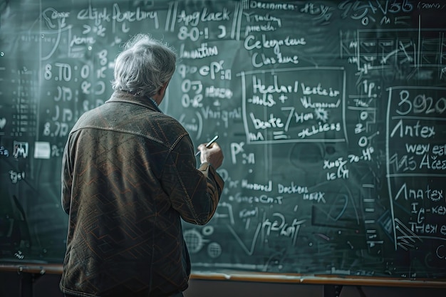 Aged math teacher writing equation on chalkboard