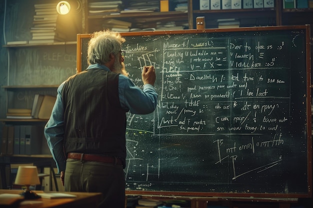 Aged math teacher writing equation on chalkboard