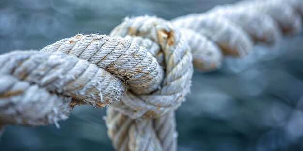 Photo aged nautical ropes in the harbor worn and dirty closeup focus on the textured pattern