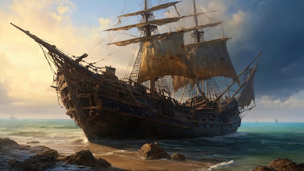 Aged pirate ship on stormy seas