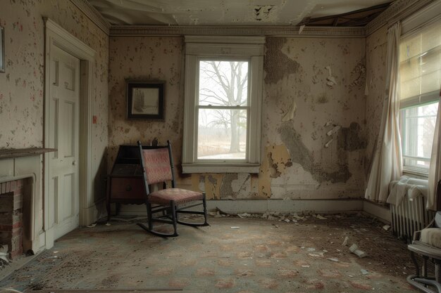 Photo an aged room with a rocking chair by a window a lone chair overturned in the center of the room