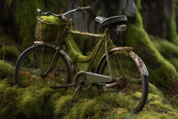 Aged rusty bicycle in wild mossy vegetation Generate ai