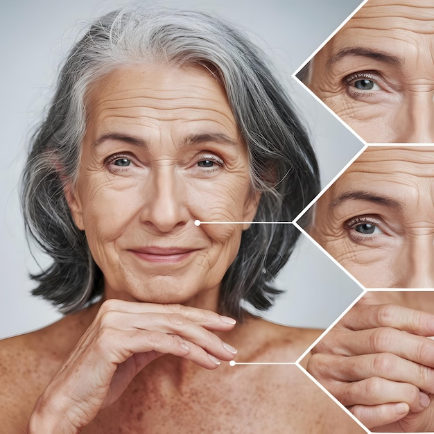 Photo aged skin care collage of beautiful mature woman with zoomed wrinkles zones