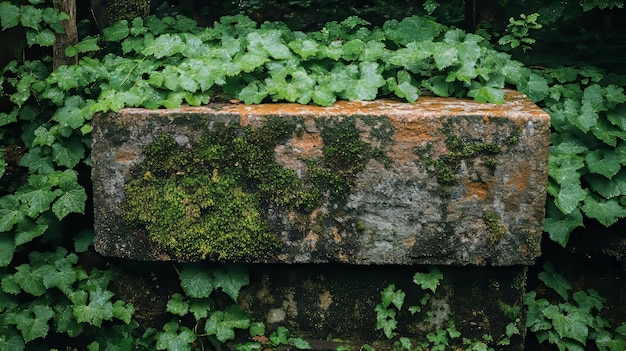 Photo aged stone bench in a verdant garden surrounded by foliage and wildflowers