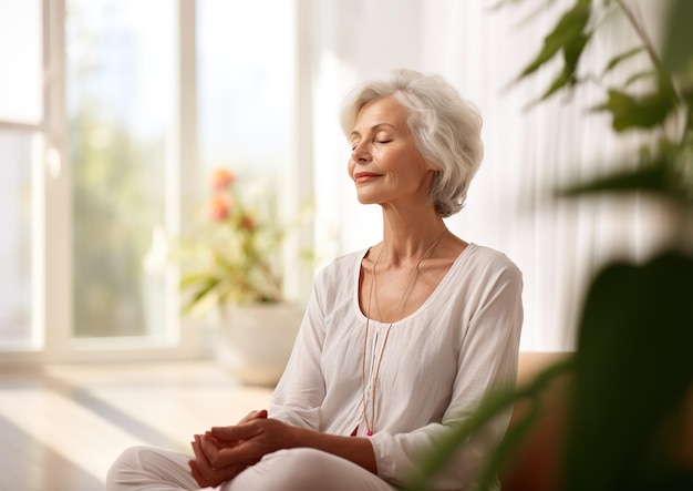 Ageless Serenity Elderly Person Meditating in a Radiant Living Room Generative A