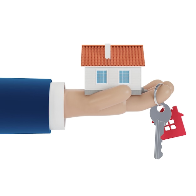 Agent hands with a house in the palm of your hand and a key on the finger. Offer to buy a house, rent a property. 3D illustration.