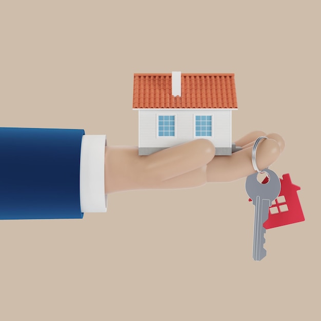 Agent hands with a house in the palm of your hand and a key on the finger. Offer to buy a house, rent a property. 3D illustration.