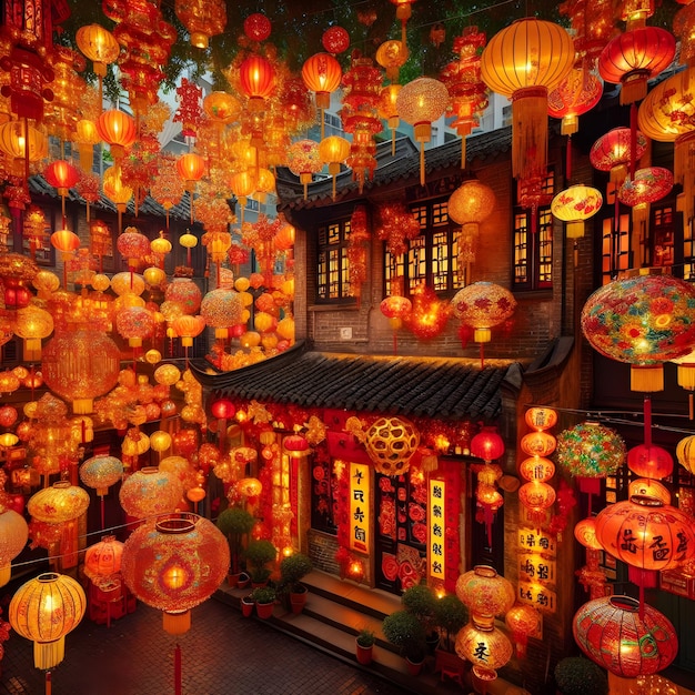 Ageold brick homes and streets are deluged with vibrant red and gold traditional Chinese lanterns