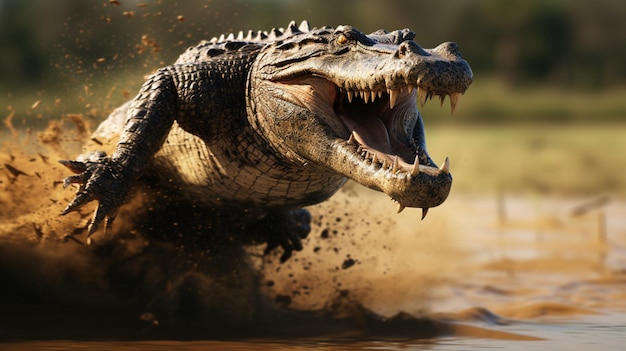 Aggressive crocodile animal jumping field wallpaper image Generative AI