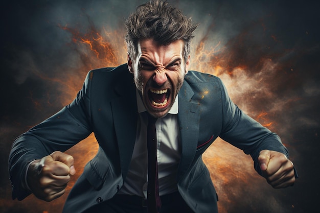 Photo aggressive man in rage depicted in a business