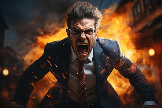 Aggressive man in rage depicted in a business