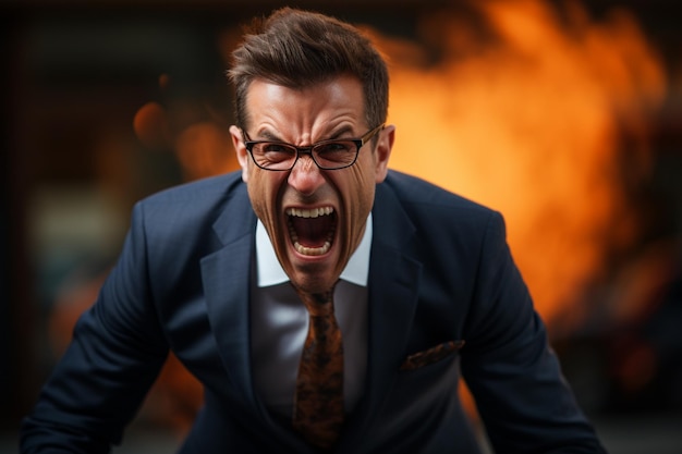 Aggressive man in rage depicted in a business