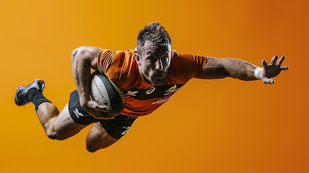 Photo agile rugby player tackling on field