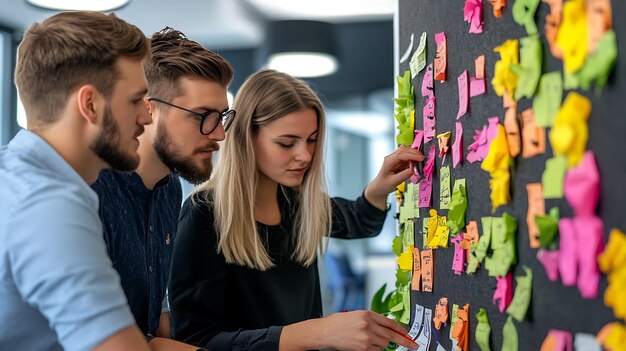 Photo agile scrum team collaborating around task board in office setting