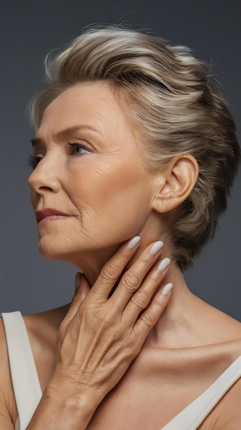 Aging gracefully closeup profile of a beautiful mature woman touching her neck