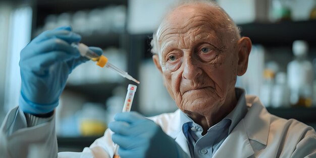 Photo aging scientist in lab coat gathers biopsy sample for medical study concept medical research laboratory work biopsy procedure aging scientist medical study