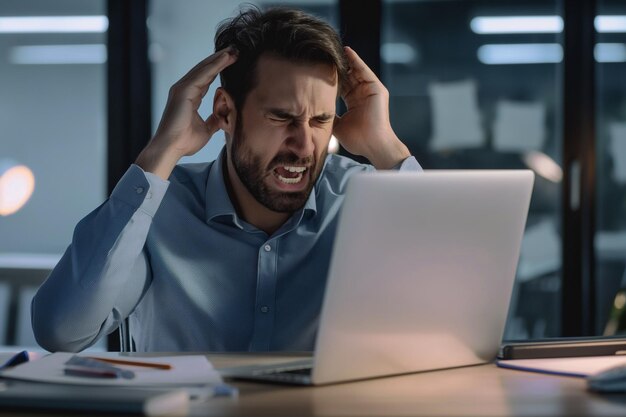 An agitated man in a blue shirt sitting at a modern office desk a Frustrated businessman