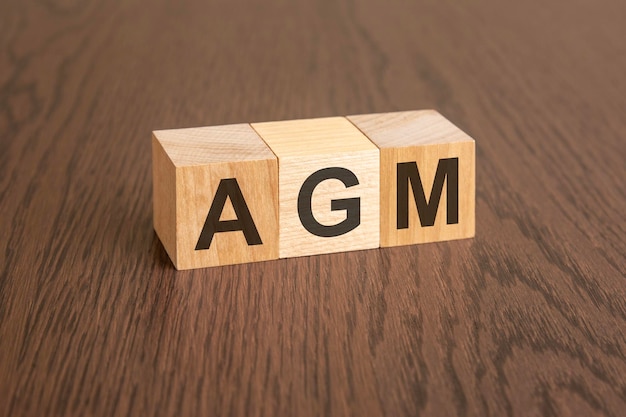 AGM Annual general meeting acronym on wooden cubes on dark wooden background business concept