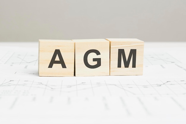 AGM wooden blocks word on grey background. AGM - annual general meeting, information concepts.