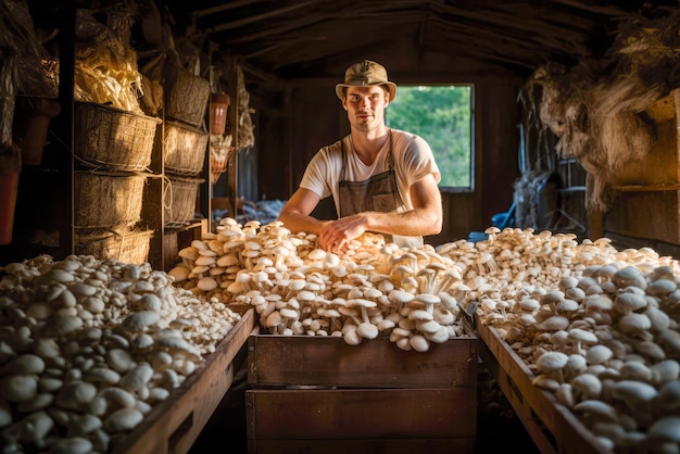 Agricultural Artistry A Caucasian farmer cultivating mushrooms like champignon and boletus blending fungi expertise with a rustic lifestyle