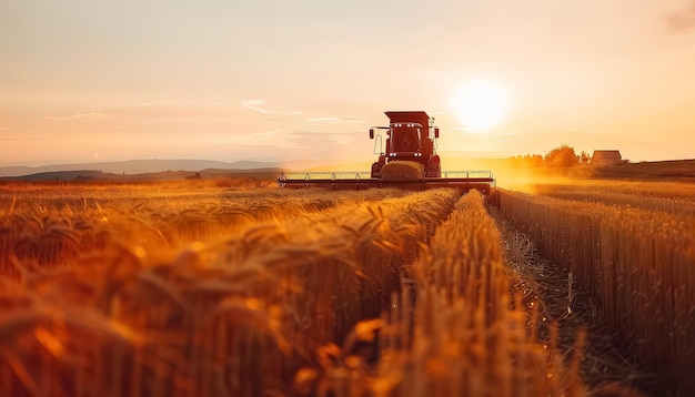 Photo agricultural combine harvester collects autumn crops on the field